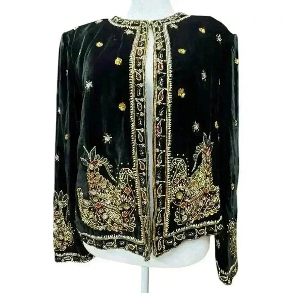 LESLIE FAY Black Velvet Evening Jacket with exquisite Beading and jewels  Size S - Picture 4 of 16